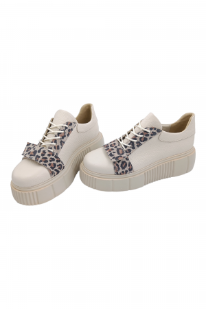 Pantofi damă fara toc, piele naturală bizon, talpă înaltă, imprimeu leopard, bej, Sandali [4]