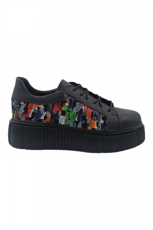 LICHIDARE STOC - Pantofi damă fara toc, piele bizon, imprimeu picasso, negru, 36; 40