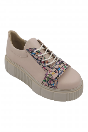 Pantofi fara toc - Pantofi damă fara toc, piele naturală cu sireturi talpă înaltă, imprimeu mozaic, bej-roz, Sandali