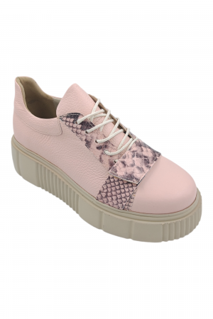 Pantofi fara toc - Pantofi damă fara toc, piele naturală bizon, talpă înaltă, imprimeu sarpe, bej-roz, Sandali