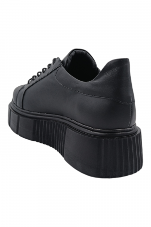 Pantofi damă fara toc, piele naturală box cu sireturi talpă înaltă, negru, Sandali [2]
