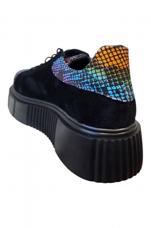 Pantofi damă casual, piele naturală velur cu șireturi talpă înaltă, imprimeu sarpe colorat, negru [2]