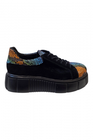Pantofi fara toc - Pantofi damă casual, piele naturală velur cu șireturi talpă înaltă, imprimeu sarpe colorat, negru