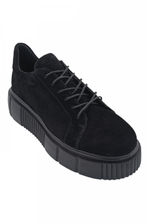 Pantofi fara toc - Pantofi damă fara toc, piele naturală velur cu sireturi talpă înaltă, negru, Sandali