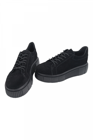 Pantofi damă fara toc, piele naturală velur cu sireturi talpă înaltă, negru, Sandali [4]