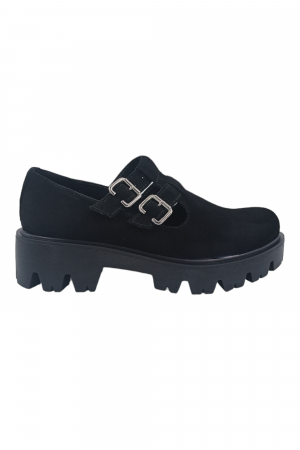 Pantofi damă fara toc, piele naturală velur, talpă cu crampoane, catarame, negru, Sandali [1]