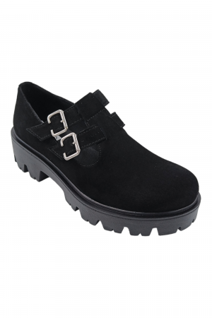Pantofi fara toc - Pantofi damă fara toc, piele naturală velur, talpă cu crampoane, catarame, negru, Sandali