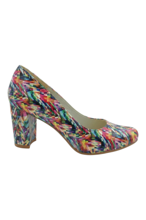 Pantofi cu toc gros 7 cm - Pantofi damă eleganți multicolor cu imprimeu abstract și toc 7 cm