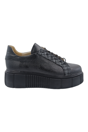 LICHIDARE STOC - Pantofi damă fara toc, piele naturală bizon, carouri, negru, 37