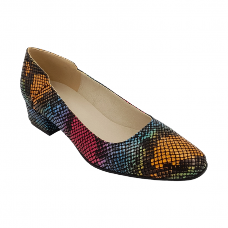 Pantofi cu toc gros 4 cm - Pantofi dama, piele naturala, multicolor, cu imprimeu sarpe, toc mic, gros, Sandali