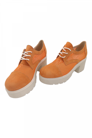 Pantofi damă casual, plasă, piele naturală velur, talpă bej striații, oranj [5]
