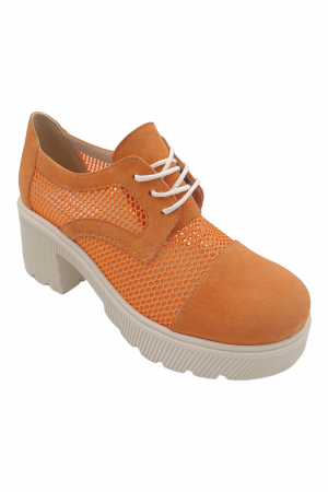 Pantofi cu talpa inalta - Pantofi damă casual, plasă, piele naturală velur, talpă bej striații, oranj