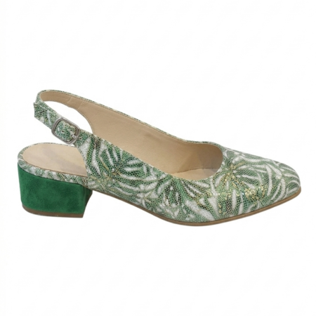 Pantofi sanda cu toc 4 cm - Pantofi Slingback Piele Naturală – Frunze Tropicale – Toc 4 cm Verde