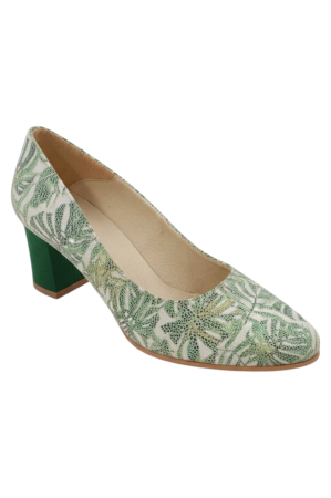 Pantofi damă verzi din piele naturală cu imprimeu frunze exotice, vârf rotund, toc masiv 6 cm [1]