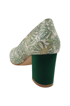 Pantofi damă verzi din piele naturală cu imprimeu frunze exotice, vârf rotund, toc masiv 6 cm [2]