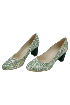 Pantofi damă verzi din piele naturală cu imprimeu frunze exotice, vârf rotund, toc masiv 6 cm [4]