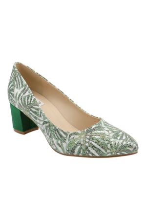 Pantofi damă Sandali verzi cu imprimeu exotic frunze, vârf migdalat, toc 5 cm [1]