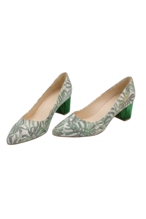Pantofi damă Sandali verzi cu imprimeu exotic frunze, vârf migdalat, toc 5 cm [4]
