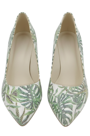 Pantofi damă verzi din piele naturală cu imprimeu frunze exotice, toc masiv 6 cm [3]
