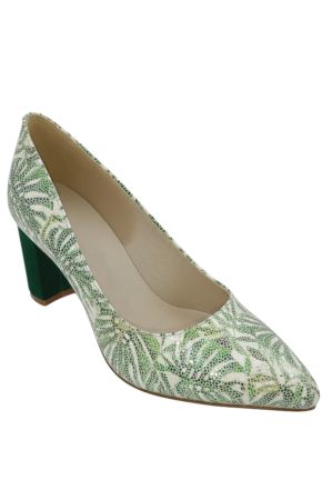 Pantofi damă verzi din piele naturală cu imprimeu frunze exotice, toc masiv 6 cm [1]