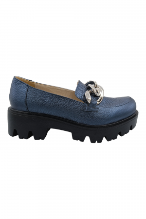 Mocasini dama - Pantofi mocasini damă, piele naturală bizon, ornament lanț, albastru. SANDALI