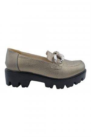 Mocasini dama - Pantofi mocasini damă, piele naturală bizon, ornament lanț, bronz. SANDALI