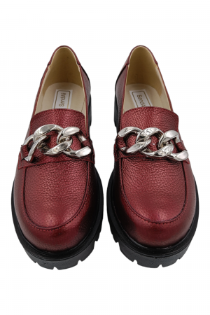 Pantofi mocasini damă, piele naturală bizon, ornament lanț, grena. SANDALI [3]