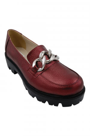 Pantofi mocasini damă, piele naturală bizon, ornament lanț, grena. SANDALI [1]