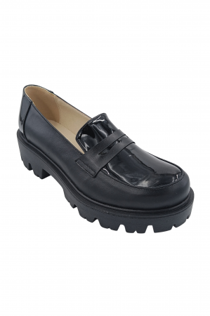 Pantofi mocasini damă, piele naturală box și lac, talpă ușoară, negru, SANDALI [1]