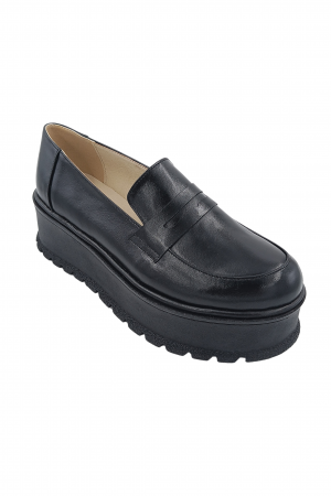 Pantofi mocasini damă, piele naturală box, talpă ușoară înaltă, negru, SANDALI [1]