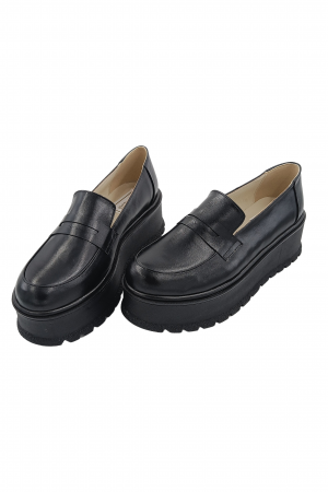 Pantofi mocasini damă, piele naturală box, talpă ușoară înaltă, negru, SANDALI [3]