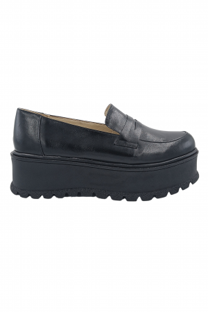 Mocasini dama - Pantofi mocasini damă, piele naturală box, talpă ușoară înaltă, negru, SANDALI