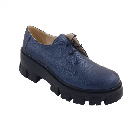 Pantofi fara toc - Pantofi oxford damă, piele naturală bizon, talpă cu crampoane, bleumarin, Sandali