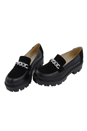 Pantofi mocasini damă, piele naturală box si velur, ornament lanț, negru, 37 [2]