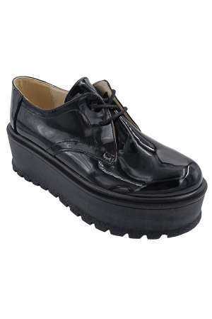 Pantofi cu talpa inalta - Pantofi oxford damă, piele naturală lăcuită, talpă ușoară înaltă, negru, SANDALI