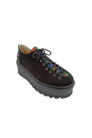 Pantofi cu talpa inalta - Pantofi oxford damă, piele naturală velur, talpă înaltă, negru, buline colorate, Sandali