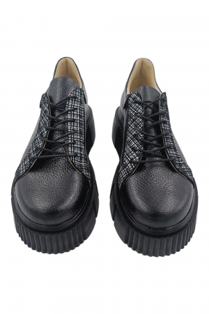 Pantofi damă fara toc, piele naturală bizon, talpă înaltă, carouri, negru, Sandali [3]