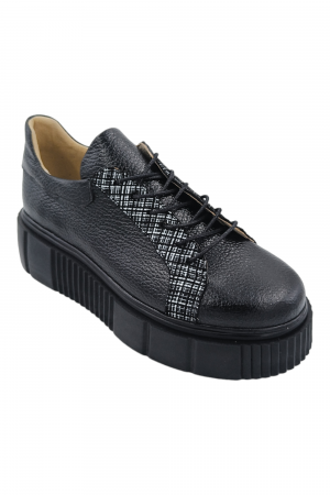 Pantofi cu talpa inalta - Pantofi damă fara toc, piele naturală bizon, talpă înaltă, carouri, negru, Sandali