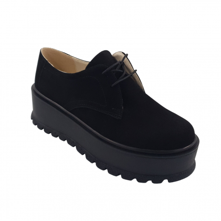 Pantofi cu talpa inalta - Pantofi oxford damă, piele naturală velur, talpă înaltă, negru, Sandali