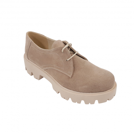 Pantofi fara toc - Pantofi oxford damă, piele naturală velur, talpă ușoară, crampoane mari, bej, Sandali