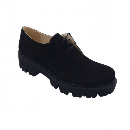 Pantofi oxford damă, piele naturală velur, talpă ușoară, crampoane mari, negru, Sandali