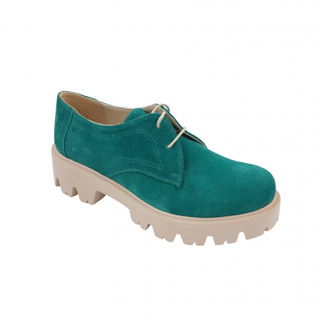 Pantofi fara toc - Pantofi oxford damă, piele naturală velur, talpă ușoară, crampoane mari, verde, Sandali