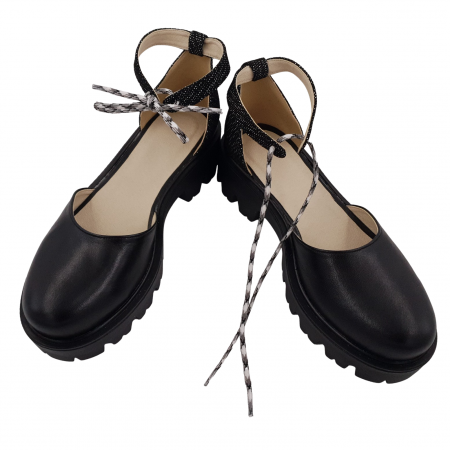 Pantofi sanda dama fara toc, piele naturala, bareta cu siret, talpa usoara, crampoane, imprimeu cu puncte albe, negru, Sandali [2]