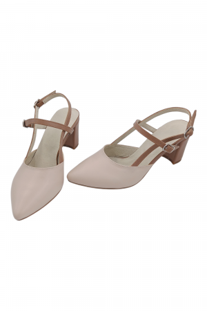 Pantofi sanda cu toc gros 6 cm - Pantofi sanda dama eleganti, piele naturala, cu catarame camel, toc gros, bej