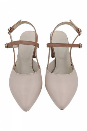 Pantofi sanda dama eleganti, piele naturala, cu catarame camel, toc gros, bej [3]