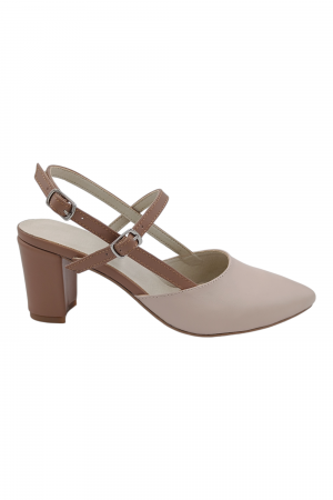 Pantofi sanda cu toc gros 6 cm - Pantofi sanda dama eleganti, piele naturala, cu catarame camel, toc gros, bej