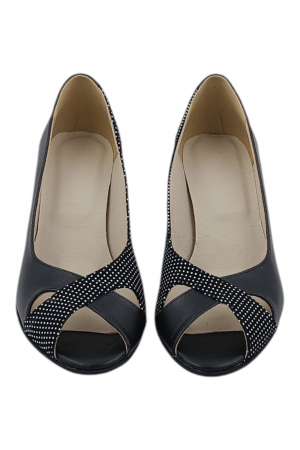 Pantofi sanda damă eleganți, piele naturală cu imprimeu buline albe, vârf decupat, toc conic, negru [3]