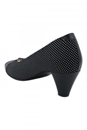 Pantofi sanda damă eleganți, piele naturală cu imprimeu buline albe, vârf decupat, toc conic, negru [2]