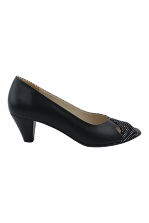 Vara - Pantofi sanda damă eleganți, piele naturală cu imprimeu buline albe, vârf decupat, toc conic, negru