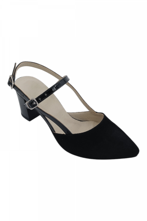 Pantofi sanda dama eleganti, piele naturala intoarsa, cu catarame lacuite, toc gros, negru [1]